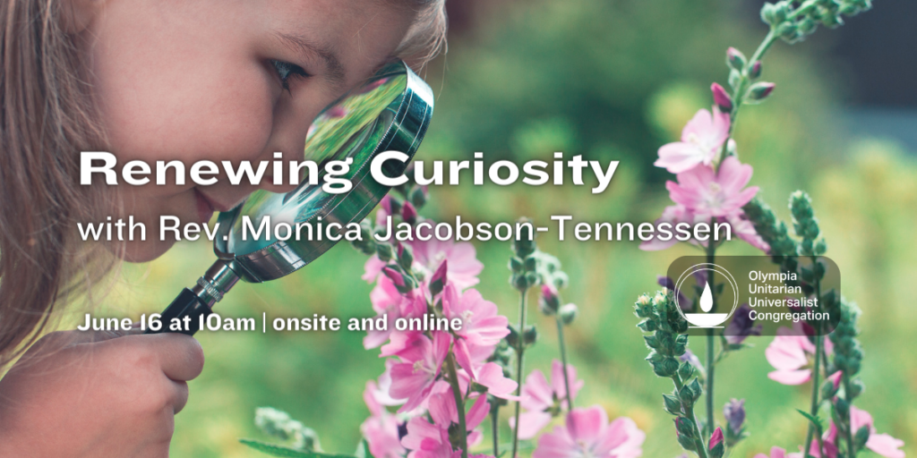 "Renewing Curiosity" with Rev. Monica Jacobson-Tennessen. June 16 at 10am | onsite and online. Olympia Unitarian Universalist Congregation.
