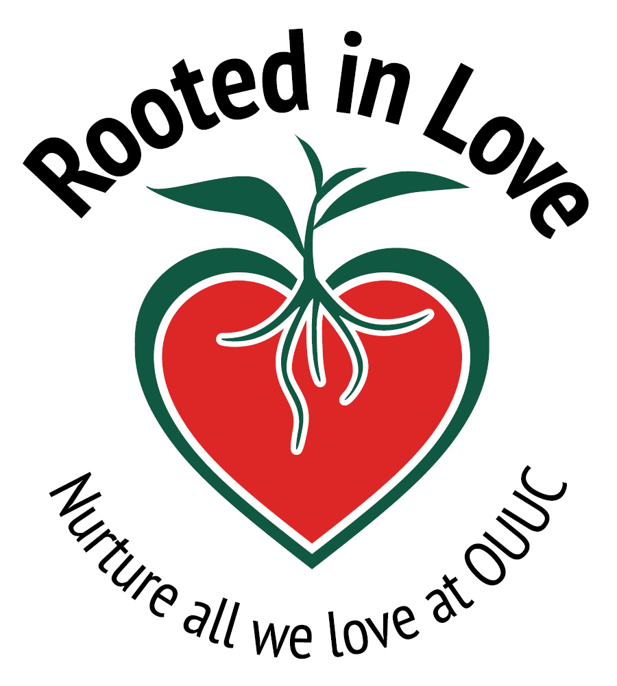 A green sprout grows out of a red heart, with roots embedded in the heart. Text surrounding this image reads, "Rooted in Love, Nurture all we love at OUUC."